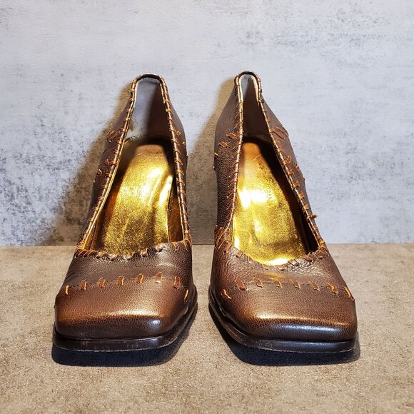 Dolce & Gabbana Vintage Y2K 90s Quiet Luxury Brown Leather Square Toe Heels 39 - Picture 3 of 16
